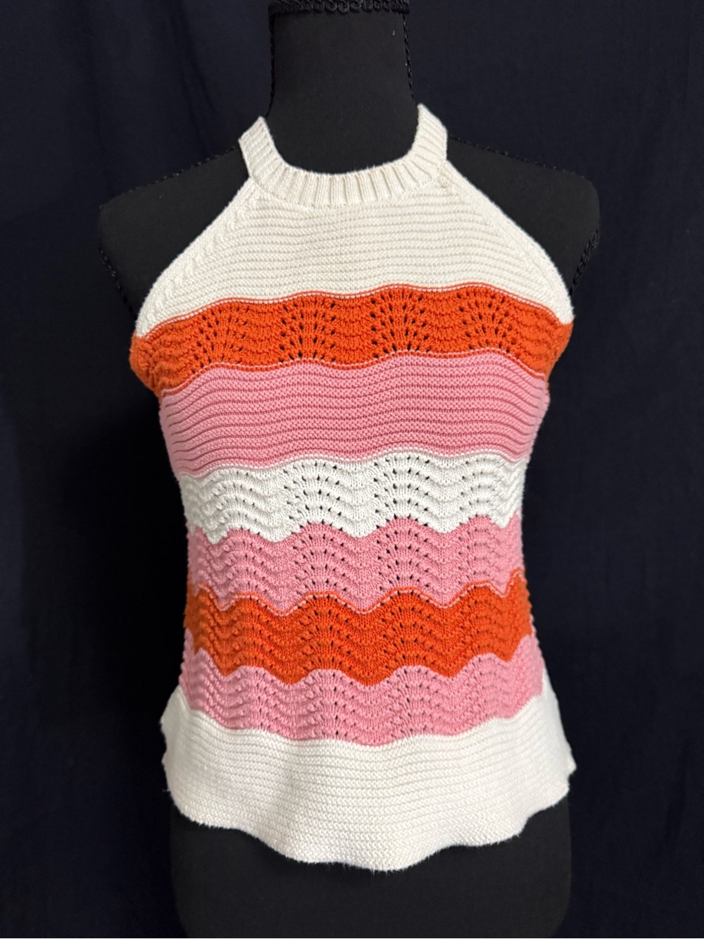THML Striped Crochet Halter Tank Top in White, Pink & Orange